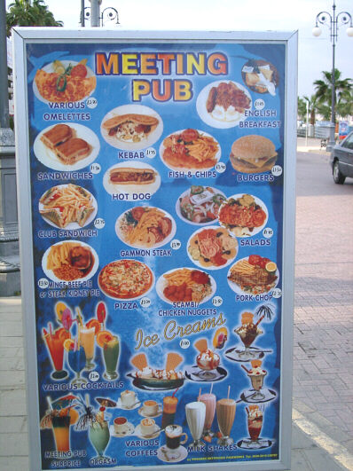 Skilt med The Meeting Pubs menu