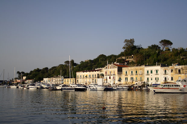 Huse i aftensol ved havnen i Ischia Porto