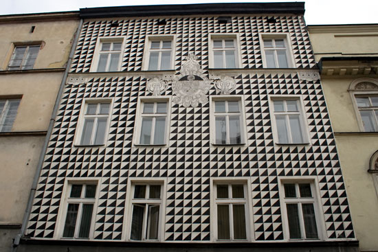 House with patterned front.