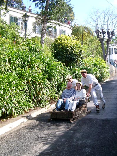 En sl&aelig;de i fuld fart. Monte, Madeira.