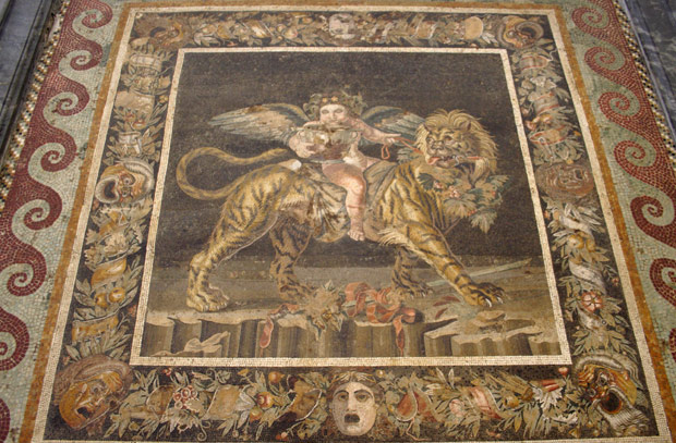 Romersk mosaik - bevinget rytter p&aring; l&oslash;ve