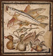 Romersk mosaik med fisk og fjerkr&aelig;