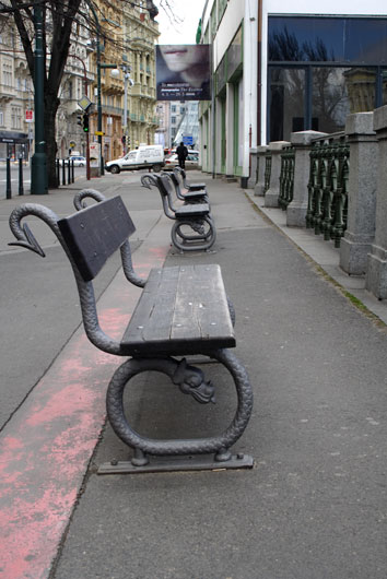 Benches along the river in Prague