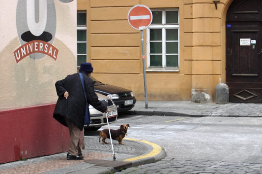 Old woman walking her dog in Prague